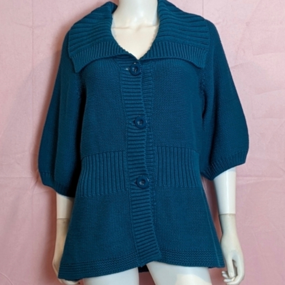 Teal Blue Knitted Volume Sleeve Cardigan Sweater with Collar size XL